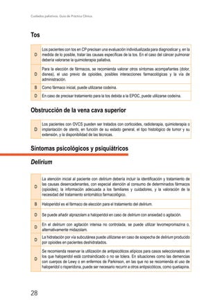 Cuidados paliativos. Guía de Práctica Clínica.
28
Tos
D
Los pacientes con tos en CP precisan una evaluación individualizada para diagnosticar y, en la
medida de lo posible, tratar las causas específicas de la tos. En el caso del cáncer pulmonar
debería valorarse la quimioterapia paliativa.
D
Para la elección de fármacos, se recomienda valorar otros síntomas acompañantes (dolor,
disnea), el uso previo de opioides, posibles interacciones farmacológicas y la vía de
administración.
B Como fármaco inicial, puede utilizarse codeína.
D En caso de precisar tratamiento para la tos debida a la EPOC, puede utilizarse codeína.
Obstrucción de la vena cava superior
D
Los pacientes con OVCS pueden ser tratados con corticoides, radioterapia, quimioterapia o
implantación de stents, en función de su estado general, el tipo histológico de tumor y su
extensión, y la disponibilidad de las técnicas.
Síntomas psicológicos y psiquiátricos
Delirium
D
La atención inicial al paciente con delirium debería incluir la identificación y tratamiento de
las causas desencadenantes, con especial atención al consumo de determinados fármacos
(opioides); la información adecuada a los familiares y cuidadores, y la valoración de la
necesidad del tratamiento sintomático farmacológico.
B Haloperidol es el fármaco de elección para el tratamiento del delirium.
D Se puede añadir alprazolam a haloperidol en caso de delirium con ansiedad o agitación.
D
En el delirium con agitación intensa no controlada, se puede utilizar levomepromazina o,
alternativamente midazolam.
D
La hidratación por vía subcutánea puede utilizarse en caso de sospecha de delirium producido
por opioides en pacientes deshidratados.
D
Se recomienda reservar la utilización de antipsicóticos atípicos para casos seleccionados en
los que haloperidol está contraindicado o no se tolera. En situaciones como las demencias
con cuerpos de Lewy o en enfermos de Parkinson, en las que no se recomienda el uso de
haloperidol o risperidona, puede ser necesario recurrir a otros antipsicóticos, como quetiapina.
 