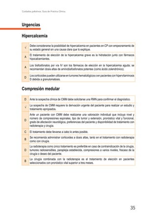 Cuidados paliativos. Guía de Práctica Clínica.
35
Urgencias
Hipercalcemia
√
Debe considerarse la posibilidad de hipercalcemia en pacientes en CP con empeoramiento de
su estado general sin una causa clara que lo explique.
A
El tratamiento de elección de la hipercalcemia grave es la hidratación junto con fármacos
hipocalcemiantes.
A
Los bisfosfonatos por vía IV son los fármacos de elección en la hipercalcemia aguda; se
recomiendan dosis altas de aminobisfosfonatos potentes (como ácido zolendrónico).
D
Loscorticoidespuedenutilizarseentumoreshematológicosoenpacientesconhipervitaminosis
D debida a granulomatosis.
Compresión medular
D Ante la sospecha clínica de CMM debe solicitarse una RMN para confirmar el diagnóstico.
√
La sospecha de CMM requiere la derivación urgente del paciente para realizar un estudio y
tratamiento apropiados.
D
Ante un paciente con CMM debe realizarse una valoración individual que incluya nivel y
número de compresiones espinales, tipo de tumor y extensión, pronóstico vital y funcional,
grado de afectación neurológica, preferencias del paciente y disponibilidad de tratamiento con
radioterapia y cirugía.
C El tratamiento debe llevarse a cabo lo antes posible.
B
Se recomienda administrar corticoides a dosis altas, tanto en el tratamiento con radioterapia
como con cirugía.
D
La radioterapia como único tratamiento es preferible en caso de contraindicación de la cirugía,
tumores radiosensibles, paraplejia establecida, compresiones a varios niveles, fracaso de la
cirugía o deseo del paciente.
B
La cirugía combinada con la radioterapia es el tratamiento de elección en pacientes
seleccionados con pronóstico vital superior a tres meses.
 