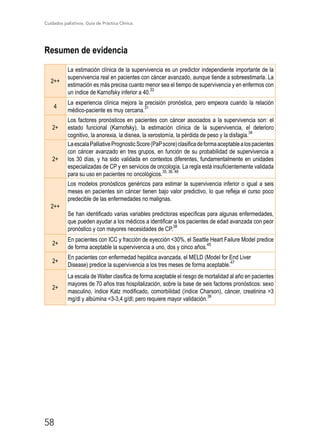 Cuidados paliativos. Guía de Práctica Clínica.
58
Resumen de evidencia
2++
La estimación clínica de la supervivencia es un predictor independiente importante de la
supervivencia real en pacientes con cáncer avanzado, aunque tiende a sobreestimarla. La
estimación es más precisa cuanto menor sea el tiempo de supervivencia y en enfermos con
un índice de Karnofsky inferior a 40.
33
4
La experiencia clínica mejora la precisión pronóstica, pero empeora cuando la relación
médico-paciente es muy cercana.
31
2+
Los factores pronósticos en pacientes con cáncer asociados a la supervivencia son: el
estado funcional (Karnofsky), la estimación clínica de la supervivencia, el deterioro
cognitivo, la anorexia, la disnea, la xerostomía, la pérdida de peso y la disfagia.
34
2+
LaescalaPalliativePrognosticScore(PaPscore)clasificadeformaaceptablealospacientes
con cáncer avanzado en tres grupos, en función de su probabilidad de supervivencia a
los 30 días, y ha sido validada en contextos diferentes, fundamentalmente en unidades
especializadas de CP y en servicios de oncología. La regla está insuficientemente validada
para su uso en pacientes no oncológicos.
35, 36, 48
2++
Los modelos pronósticos genéricos para estimar la supervivencia inferior o igual a seis
meses en pacientes sin cáncer tienen bajo valor predictivo, lo que refleja el curso poco
predecible de las enfermedades no malignas.
Se han identificado varias variables predictoras específicas para algunas enfermedades,
que pueden ayudar a los médicos a identificar a los pacientes de edad avanzada con peor
pronóstico y con mayores necesidades de CP.
38
2+
En pacientes con ICC y fracción de eyección 30%, el Seattle Heart Failure Model predice
de forma aceptable la supervivencia a uno, dos y cinco años.
45
2+
En pacientes con enfermedad hepática avanzada, el MELD (Model for End Liver
Disease) predice la supervivencia a los tres meses de forma aceptable.
47
2+
La escala de Walter clasifica de forma aceptable el riesgo de mortalidad al año en pacientes
mayores de 70 años tras hospitalización, sobre la base de seis factores pronósticos: sexo
masculino, índice Katz modificado, comorbilidad (índice Charson), cáncer, creatinina 3
mg/dl y albúmina 3-3,4 g/dl; pero requiere mayor validación.
39
 