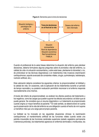 Cuidados paliativos. Guía de Práctica Clínica.
65
Figura 4. Elementos para la toma de decisiones
Situación biológica y
psicológica del
enfermo
Deseos del enfermo
bien informado
Situación
sociosanitaria
Nivel de dependencia
Situación económica
Red formal/informal
FAMILIA
Toma de decisiones
en el final de la vida
Cuando el profesional de la salud desee determinar la situación del enfermo para plantear
decisiones, debería formularse algunas preguntas sobre el pronóstico vital del enfermo, su
calidad de vida o la situación sociosanitaria y, sobre esta base, plantearse la idoneidad, o no,
de profundizar en las técnicas diagnósticas o en tratamientos más invasivos (reanimación
cardiopulmonar, soporte avanzado de constantes vitales, cirugía, quimioterapia, radioterapia,
nutrición artificial, etc.).
Esta valoración debería considerar los siguientes criterios: la proporcionalidad, la futilidad y
la calidad de vida. En ocasiones, solo la aplicación de los tratamientos durante un período
de tiempo razonable y su posterior evaluación permitirán reconocer si el enfermo responde
razonablemente a los mismos.
A través del criterio de proporcionalidad, se analizan los efectos positivos del tratamiento y
los negativos, como las cargas que pueden suponer los efectos secundarios o el dolor que se
puede generar. Se considera que un recurso diagnóstico o un tratamiento es proporcionado
cuando origina un mayor beneficio al paciente.72
En este sentido, se debería tener en cuenta
que la preservación de la vida del enfermo es una obligación cuando el hecho de vivir supone
un beneficio más que una carga para el propio paciente.
La futilidad se ha invocado en las siguientes situaciones clínicas: la reanimación
cardiopulmonar, el mantenimiento artificial de las funciones vitales cuando existe una
pérdida irreversible de las funciones cerebrales superiores (estado vegetativo permanente
o demencia profunda), los tratamientos agresivos en enfermos terminales o moribundos, los
 
