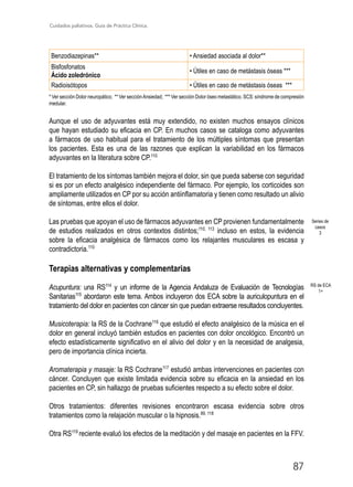 Cuidados paliativos. Guía de Práctica Clínica.
87
Benzodiazepinas** • Ansiedad asociada al dolor**
Bisfosfonatos
Ácido zoledrónico
• Útiles en caso de metástasis óseas ***
Radioisótopos • Útiles en caso de metástasis óseas ***
* Ver sección Dolor neuropático; ** Ver secciónAnsiedad; *** Ver sección Dolor óseo metastático. SCS: síndrome de compresión
medular.
Aunque el uso de adyuvantes está muy extendido, no existen muchos ensayos clínicos
que hayan estudiado su eficacia en CP. En muchos casos se cataloga como adyuvantes
a fármacos de uso habitual para el tratamiento de los múltiples síntomas que presentan
los pacientes. Esta es una de las razones que explican la variabilidad en los fármacos
adyuvantes en la literatura sobre CP.110
El tratamiento de los síntomas también mejora el dolor, sin que pueda saberse con seguridad
si es por un efecto analgésico independiente del fármaco. Por ejemplo, los corticoides son
ampliamente utilizados en CP por su acción antiinflamatoria y tienen como resultado un alivio
de síntomas, entre ellos el dolor.
Las pruebas que apoyan el uso de fármacos adyuvantes en CP provienen fundamentalmente
de estudios realizados en otros contextos distintos;110, 113
incluso en estos, la evidencia
sobre la eficacia analgésica de fármacos como los relajantes musculares es escasa y
contradictoria.110
Terapias alternativas y complementarias
Acupuntura: una RS114
y un informe de la Agencia Andaluza de Evaluación de Tecnologías
Sanitarias115
abordaron este tema. Ambos incluyeron dos ECA sobre la auriculopuntura en el
tratamiento del dolor en pacientes con cáncer sin que puedan extraerse resultados concluyentes.
Musicoterapia: la RS de la Cochrane116
que estudió el efecto analgésico de la música en el
dolor en general incluyó también estudios en pacientes con dolor oncológico. Encontró un
efecto estadísticamente significativo en el alivio del dolor y en la necesidad de analgesia,
pero de importancia clínica incierta.
Aromaterapia y masaje: la RS Cochrane117
estudió ambas intervenciones en pacientes con
cáncer. Concluyen que existe limitada evidencia sobre su eficacia en la ansiedad en los
pacientes en CP, sin hallazgo de pruebas suficientes respecto a su efecto sobre el dolor.
Otros tratamientos: diferentes revisiones encontraron escasa evidencia sobre otros
tratamientos como la relajación muscular o la hipnosis.89, 118
Otra RS119
reciente evaluó los efectos de la meditación y del masaje en pacientes en la FFV.
RS de ECA
1+
Series de
casos
3
 