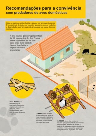 Recomendações para a convivência
com predadores de aves domésticas
A área ideal do galinheiro para um total
Criar as galinhas soltas facilita o ataque por animais silvestres!
E o prejuízo é de todos: do produtor que sente o peso no bolso
e do predador, que tem sua vida ameaçada por causa de uma
refeição.
GUIA-ICMBIO-DIAGRAMADO-15X21-final
segunda-feira, 16 de maio de 2011 14:41:20
 