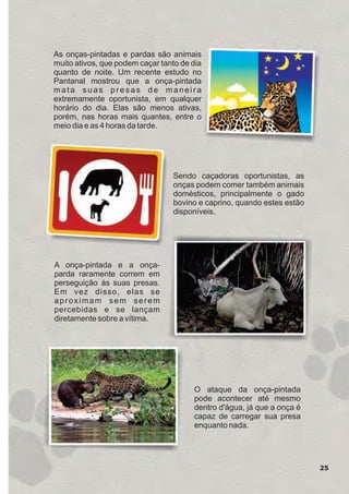 25
A onça-pintada e a onça-
parda raramente correm em
perseguição às suas presas.
Em vez disso, elas se
aproximam sem serem
percebidas e se lançam
diretamente sobre a vítima.
Sendo caçadoras oportunistas, as
onças podem comer também animais
domésticos, principalmente o gado
bovino e caprino, quando estes estão
disponíveis.
O ataque da onça-pintada
pode acontecer até mesmo
dentro d'água, já que a onça é
capaz de carregar sua presa
enquanto nada.
As onças-pintadas e pardas são animais
muito ativos, que podem caçar tanto de dia
quanto de noite. Um recente estudo no
Pantanal mostrou que a onça-pintada
mata suas presas de maneira
extremamente oportunista, em qualquer
horário do dia. Elas são menos ativas,
porém, nas horas mais quantes, entre o
meio dia e as 4 horas da tarde.
GUIA-ICMBIO-DIAGRAMADO-15X21-final
segunda-feira, 16 de maio de 2011 14:41:24
 