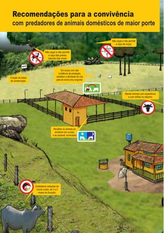 Criação de áreas
de conservação.
Recomendações para a convivência
com predadores de animais domésticos de maior porte
Não caçar e não permitir
a caça das presas
naturais das onças
Em locais com alta
incidência de predação,
substituir a atividade de cría
pela de recria e/ou engorda.
Não caçar e não permitir
a caça de onças.
Manter animais com experiência
e com chifres no rebanho
Recolher os animais ao
anoitecer em currais,
e se possivel, iluminados
Estabelecer estações de
monta curtas, de 3 a 4
meses de duração.
GUIA-ICMBIO-DIAGRAMADO-15X21-final
segunda-feira, 16 de maio de 2011 14:41:31
 