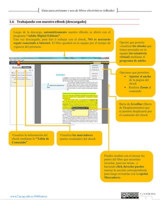 Guía para préstamo y uso de libros electrónicos (eBooks)


1.6 Trabajando con nuestro eBook (descargado)


  Luego de la descarga, automáticamente nuestro eBooks se abrirá con el
  programa “Adobe Digital Editions”.
  Una vez descargado, para leer ó trabajar con el ebook, NO es necesario
  seguir conectado a Internet. El libro quedará en tu equipo por el tiempo de       Opción que permite
  vigencia del préstamo.                                                            visualizar los ebooks que
                                                                                    tienes prestados en tu
                                                                                    equipo (tu estantería
                                                                                    virtual) mediante el
                                                                                    programa de adobe.


                                                                                    Opciones que permiten:
                                                                                       • Ajustar el ancho
                                                                                          de la página del
                                                                                          ebook
                                                                                       • Realizar Zoom al
                                                                                          contenido



                                                                                    Barra de Scrollbar (Barra
                                                                                    de Desplazamiento) que
                                                                                    te permite desplazarte por
                                                                                    el contenido del ebook.




 Visualiza la información del        Visualiza los marcadores
 ebook mediante la “Tabla de         (partes resaltadas) del ebook
 Contenido”



                                                                        Puedes resaltar con el mouse las
                                                                        partes del libro que necesitas
                                                                        recordar, para tus tareas, y
                                                                        haciendo click derecho puedes
                                                                        marcar la sección correspondiente
                                                                        para luego revisarlas con la opción
                                                                        Marcadores




                                                                                                    V_1.0 (FEB.2013)
www2.ucsg.edu.ec/biblioteca
                                                                                                        7
 