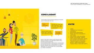 UMA VIDA QUE VALE A PENA SER VIVIDA:
COMO FAZER A DIFERENÇA E AJUDAR PESSOAS
COMO AJUDAR?
Como
você está?
Você se sente triste?
Sente que a vida não
vale a pena ser vivida?
Eu posso
te ajudar?
Percebo que você não
está muito bem, quer
me contar como está
se sentindo?
Você pode se aproximar da pessoa e mostrar
que se preocupa com ela:
Deixar claro que, mesmo que a pessoa não
queira conversar, ela pode falar sobre como
se sente quando precisar.
Escute atentamente e demonstre compreensão
do que está ouvindo. Seja empático e respeite.
Busque realizar essa conversa em um lugar
adequado, em que possam ter a privacidade
e o tempo necessário.
•	Julgar;
•	 Comparar ou minimizar o 				
	sofrimento;
•	 Demonstrar preconceito;
•	 Reagir de forma assustada ou
	 com medo;
•	 Interromper a fala da pessoa;
•	 Passar uma solução “mágica”
	 para a pessoa (Exemplos: “durma 		
	 que amanhã você estará bem”, 		
	 “pare de chorar e se lamentar. 			
	 Sorria e então ficará melhor”, 			
	 “busque Deus e tudo dará certo”).
EVITE!
 