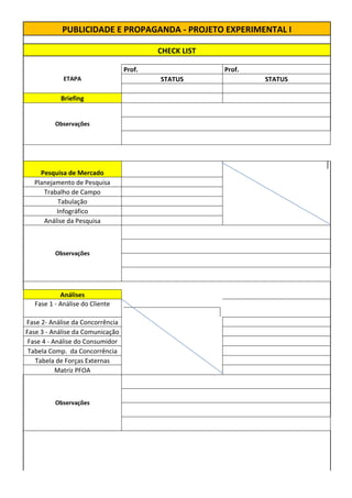 PUBLICIDADE E PROPAGANDA - PROJETO EXPERIMENTAL I
CHECK LIST
ETAPA
Prof. Prof.
STATUS STATUS
Briefing
Observações
Pesquisa de Mercado
Planejamento de Pesquisa
Trabalho de Campo
Tabulação
Infográfico
Análise da Pesquisa
Observações
Análises
Fase 1 - Análise do Cliente
Fase 2- Análise da Concorrência
Fase 3 - Análise da Comunicação
Fase 4 - Análise do Consumidor
Tabela Comp. da Concorrência
Tabela de Forças Externas
Matriz PFOA
Observações
 