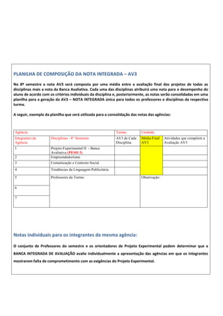 PLANILHA DE COMPOSIÇÃO DA NOTA INTEGRADA – AV3
No 8º semestre a nota AV3 será composta por uma média entre a avaliação final dos projetos de todas as
disciplinas mais a nota da Banca Avaliativa. Cada uma das disciplinas atribuirá uma nota para o desempenho do
aluno de acordo com os critérios individuais da disciplina e, posteriormente, as notas serão consolidadas em uma
planilha para a geração da AV3 – NOTA INTEGRADA única para todos os professores e disciplinas da respectiva
turma.
A seguir, exemplo da planilha que será utilizada para a consolidação das notas das agências:
Agência: Turma: Unidade:
Integrantes da
Agência
Disciplinas - 8° Semestre AV3 de Cada
Disciplina
Média Final
AV3
Atividades que compõem a
Avaliação AV3
1 Projeto Experimental II - Banca
Avaliativa (PESO 3)
2 Empreendedorismo
3 Comunicação e Contexto Social
4 Tendências da Linguagem Publicitária
5 Professores da Turma: Observação:
6
7
Notas individuais para os integrantes da mesma agência:
O conjunto de Professores do semestre e os orientadores de Projeto Experimental podem determinar que a
BANCA INTEGRADA DE AVALIAÇÃO avalie individualmente a apresentação das agências em que os integrantes
mostrarem falta de comprometimento com as exigências do Projeto Experimental.
 