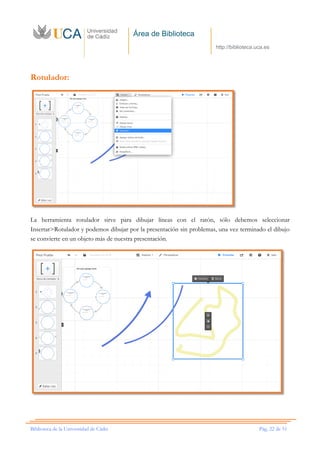 Área de Biblioteca
http://biblioteca.uca.es
Biblioteca de la Universidad de Cádiz Pág. 22 de 51
Rotulador:
La herramienta rotulador sirve para dibujar líneas con el ratón, sólo debemos seleccionar
Insertar>Rotulador y podemos dibujar por la presentación sin problemas, una vez terminado el dibujo
se convierte en un objeto más de nuestra presentación.
 