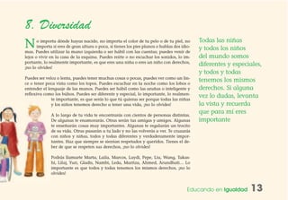Educando en Igualdad 13
8. Diversidad
No importa dónde hayas nacido, no importa el color de tu pelo o de tu piel, no
importa si eres de gran altura o poca, si tienes los pies planos o hablas dos idio-
mas. Puedes utilizar la mano izquierda o ser hábil con las cuentas; puedes venir de
lejos o vivir en la casa de la esquina. Puedes reírte o no escuchar los sonidos, lo im-
portante, lo realmente importante, es que eres una niña o eres un niño con derechos,
¡no lo olvides!
Puedes ser veloz o lenta, puedes tener muchas cosas o pocas, puedes ver como un lin-
ce o tener poca vista como los topos. Puedes escuchar en la noche como los lobos o
entender el lenguaje de las manos. Puedes ser hábil como las arañas o inteligente y
reflexiva como los búhos. Puedes ser diferente y especial, lo importante, lo realmen-
te importante, es que serás lo que tú quieras ser porque todas las niñas
y los niños tenemos derecho a tener una vida, ¡no lo olvides!
A lo largo de tu vida te encontrarás con cientos de personas distintas.
De algunas te enamorarás. Otras serán tus amigas y amigos. Algunas
te enseñarán cosas muy importantes. Algunas te regalarán un trocito
de su vida. Otras pasarán a tu lado y no las volverás a ver. Te cruzarás
con niños y niñas, todos y todas diferentes y verdaderamente impor-
tantes. Haz que siempre se sientan respetados y queridos. Tienes el de-
ber de que se respeten sus derechos, ¡no lo olvides!
Podrás llamarte Marta, Laila, Marcos, Laydi, Pepe, Liu, Wang, Takas-
hi, Lilaj, Yuri, Gladis, Nambi, Leda, Maritza, Ahmed, Arundhati… Lo
importante es que todos y todas tenemos los mismos derechos, ¡no lo
olvides!
Todas las niñas
y todos los niños
del mundo somos
diferentes y especiales,
y todos y todas
tenemos los mismos
derechos. Si alguna
vez lo dudas, levanta
la vista y recuerda
que para mí eres
importante
 