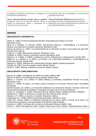 investigador.	
   Estrategias	
   de	
   evaluación	
   e	
   investigación	
   en	
      instrumental.	
   Selección	
   de	
   actividades	
   y	
   recursos	
   para	
   la	
  
el	
  aula	
  de	
  Educación	
  Musical.	
  	
                                           expresión	
  instumental	
  
	
  
Tema	
   5:	
   Educación	
   Musical:	
   escuela,	
   cultura	
   y	
   sociedad.	
     Tema	
  5:	
  Intervención	
  didáctica	
  en	
  el	
  aula.	
  Diseño	
  de	
  
Concepción	
   social	
   de	
   la	
   Educación	
   Musical.	
   Música	
   y	
         actividades	
  musicales	
  en	
  el	
  aula	
  de	
  Educación	
  Primaria.	
  
medios	
   de	
   comunicación.	
   Música	
   y	
   Tecnologías	
   de	
   la	
          Elaboración	
  de	
  recursos	
  interdisciplinares	
  y	
  de	
  atención	
  a	
  la	
  
Información	
  y	
  la	
  Comunicación.	
  	
                                             diversidad	
  desde	
  la	
  Educación	
  Musical.	
  	
  
	
  


BIBLIOGRAFÍA

BIBLIOGRAFÍA FUNDAMENTAL:

Alsina, P. (1997). El área de Educación Musical. Propuestas para aplicar en el aula.
Barcelona: Graó.
Díaz, M. y Giráldez, A. (Coords.) (2007). Aportaciones teóricas y metodológicas a la educación
Musical. Una selección de autores relevantes. Barcelona: Graó.
Hemsy de Gainza, V. (1997). La transformación de la educación musical a las puertas del siglo XXI.
Buenos Aires: Ricordi.
Frega, A.L. (1996). Música para maestros. Barcelona: Graó.
Giráldez, A. (2005). Internet y educación musical. Barcelona: Graó.
Moreno, L.V. y Müller, A. (2000). La Música en el Aula. Globalización y Programación. Sevilla: Mad.
Müller G., A. y Moreno, L.V. (2000). La Canción y los instrumentos.Didáctica y metodologías en la
Educación Musical. Sevilla: Mad.
Pascual, P. (2002). Didáctica de la Música para Primaria. Madrid: Pearson Educación.
Schafer, M. (1967). El nuevo paisaje sonoro. Madrid: Ricordi.
Small, C. (1987). Música, sociedad y educación. Madrid: Alianza.

BIBLIOGRAFÍA COMPLEMENTARIA:

Bennet, R. (1998): Investigando los estilos musicales. Madrid: Akal.
Bennet, R (2004): Los instrumentos de la orquesta. Madrid: Akal
Blaser, A., Froseth, J.O. y Wikart, P. (2001). Música y movimiento. Actividades rítmicas en el aula.
Barcelona: Graó.
Bozzini, F. (2000). El juego y la música: juegos musicales en la escuela. Buenos Aires: Novedades
Educativas.
Cañas Escudero, M. (2008). Los conciertos didácticos en la Educación Musical. Granada: Centro de
Documentación Musical de Andalucía. Consejería de Cultura de la Junta de Andalucía.
Cartón, C. y Gallardo, C. (1994): Educación Musical. Método Kodaly. Castilla ediciones. Valladolid.
Delalande, F. (1995). La Música es un juego de niños. Buenos Aires: Ricordi.
Despins, J.P. (1994). La música y el cerebro. Barcelona: Gedisa.
Hargreaves, D.J. (1998). Música y desarrollo psicológico. Barcelona: Graó.
Lines, D.K. (Comp.) (2009). La Educación Musical para el nuevo milenio: el futuro de la teoría y la
práctica de la enseñanza y del aprendizaje de la Música. Madrid: Morata.
Lacárcel, J. (1995). Psicología de la música y la Educación Musical. Madrid: Visor.
Lorezn, T. (2001). 66 juegos de mano. Juegos rítmicos para mano y dedos. Variaciones para niños y




                                                                                                                                                           Página 3
 