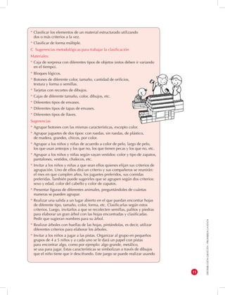 DISTRIBUCIÓN GRATUITA - PROHIBIDA LA VENTA 
11 
* Clasificar los elementos de un material estructurado utilizando 
dos o más criterios a la vez. 
* Clasificar de forma múltiple. 
C Sugerencias metodológicas para trabajar la clasificación 
Materiales: 
* Caja de sorpresa con diferentes tipos de objetos (estos deben ir variando 
en el tiempo). 
* Bloques lógicos. 
* Botones de diferente color, tamaño, cantidad de orificios, 
textura y forma o semillas. 
* Tarjetas con recortes de dibujos. 
* Cajas de diferente tamaño, color, dibujos, etc. 
* Diferentes tipos de envases. 
* Diferentes tipos de tapas de envases. 
* Diferentes tipos de llaves. 
Sugerencias 
* Agrupar botones con las mismas características, excepto color. 
* Agrupar juguetes de dos tipos: con ruedas, sin ruedas, de plástico, 
de madera, grandes, chicos, por color. 
* Agrupar a los niños y niñas de acuerdo a color de pelo, largo de pelo, 
los que usan anteojos y los que no, los que tienen pecas y los que no, etc. 
* Agrupar a los niños y niñas según vayan vestidos: color y tipo de zapatos, 
pantalones, vestidos, chalecos, etc. 
* Invitar a los niños y niñas a que sean ellos quienes elijan sus criterios de 
agrupación. Uno de ellos dirá un criterio y sus compañeros se reunirán: 
el mes en que cumplen años, los juguetes preferidos, sus comidas 
preferidas. También puede sugerirles que se agrupen según dos criterios: 
sexo y edad, color del cabello y color de zapatos. 
* Presentar figuras de diferentes animales, preguntándoles de cuántas 
maneras se pueden agrupar. 
* Realizar una salida a un lugar abierto en el que puedan encontrar hojas 
de diferente tipo, tamaño, color, forma, etc. Clasificarlas según estos 
criterios. Luego, invitarlos a que se recolecten semillas, palitos y piedras 
para elaborar un gran árbol con las hojas encontradas y clasificadas. 
Pedir que sugieran nombres para su árbol. 
* Realizar árboles con huellas de las hojas, pintándolas, es decir, utilizar 
diferentes criterios para elaborar los árboles. 
* Invitar a los niños a jugar a las pistas. Organizar al grupo en pequeños 
grupos de 4 a 5 niños y a cada uno se le dará un papel con pistas 
para encontrar algo, como por ejemplo: algo grande, metálico, 
se usa para jugar. Estas características se simbolizan a través de dibujos 
que el niño tiene que ir descifrando. Este juego se puede realizar usando 
 