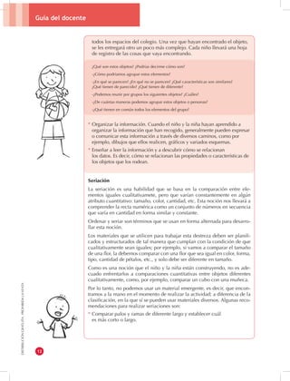 Guía del docente 
12 
DISTRIBUCIÓN GRATUITA - PROHIBIDA LA VENTA 
todos los espacios del colegio. Una vez que hayan encontrado el objeto, 
se les entregará otro un poco más complejo. Cada niño llevará una hoja 
de registro de las cosas que vaya encontrando. 
¿Qué son estos objetos? ¿Podrías decirme cómo son? 
-¿Cómo podríamos agrupar estos elementos? 
-¿En qué se parecen? ¿En qué no se parecen? ¿Qué características son similares? 
¿Qué tienen de parecido? ¿Qué tienen de diferente? 
-¿Podemos reunir por grupos los siguientes objetos? ¿Cuáles? 
-¿De cuántas maneras podemos agrupar estos objetos o personas? 
-¿Qué tienen en común todos los elementos del grupo? 
* Organizar la información. Cuando el niño y la niña hayan aprendido a 
organizar la información que han recogido, generalmente pueden expresar 
o comunicar esta información a través de diversos caminos, como por 
ejemplo, dibujos que ellos realicen, gráficos y variados esquemas. 
* Enseñar a leer la información y a descubrir cómo se relacionan 
los datos. Es decir, cómo se relacionan las propiedades o características de 
los objetos que los rodean. 
Seriación 
La seriación es una habilidad que se basa en la comparación entre ele-mentos 
iguales cualitativamete, pero que varían constantemente en algún 
atributo cuantitativo: tamaño, color, cantidad, etc. Esta noción nos llevará a 
comprender la recta numérica como un conjunto de números en secuencia 
que varía en cantidad en forma similar y constante. 
Ordenar y seriar son términos que se usan en forma alternada para desarro-llar 
esta noción. 
Los materiales que se utilicen para trabajar esta destreza deben ser planifi-cados 
y estructurados de tal manera que cumplan con la condición de que 
cualitativamente sean iguales; por ejemplo, si vamos a comparar el tamaño 
de una flor, la debemos comparar con una flor que sea igual en color, forma, 
tipo, cantidad de pétalos, etc., y solo debe ser diferente en tamaño. 
Como es una noción que el niño y la niña están construyendo, no es ade-cuado 
enfrentarlos a comparaciones cuantitativas entre objetos diferentes 
cualitativamente, como, por ejemplo, comparar un cubo con una muñeca. 
Por lo tanto, no podemos usar un material emergente, es decir, que encon-tramos 
a la mano en el momento de realizar la actividad; a diferencia de la 
clasificación, en la que sí se pueden usar materiales diversos. Algunas reco-mendaciones 
para realizar seriaciones son: 
* Comparar palos y ramas de diferente largo y establecer cuál 
es más corto o largo. 
 