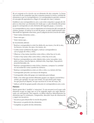 DISTRIBUCIÓN GRATUITA - PROHIBIDA LA VENTA 
15 
de un conjunto se lo vincula con un elemento de otro conjunto. La forma 
más sencilla de comprobar que dos conjuntos poseen la misma cantidad de 
elementos es por la correspondencia. La correspondencia permite construir 
el concepto de equivalencia y llegar al concepto de clase y número. 
Establecer una correspondencia uno a uno entre conjuntos o grupos de ob-jetos 
es relacionar sus elementos de modo que a cada elemento del primer 
grupo le corresponda un solo elemento del segundo grupo, y viceversa. 
La correspondencia uno a uno es importante en la formación del concepto de 
número, porque, al realizar la acción de parear, se están implícitamente esta-bleciendo 
las siguientes relaciones, para la adquisición de la noción de orden. 
* Tener tantos elementos como… 
* Tener más que… 
* Tener menos que… 
Se recomienda además: 
* Realizar correspondencia entre los dedos de una mano y los de la otra, 
los brazos y los pies, los ojos y las manos, etc. 
* Confeccionar sombreros de papel y realizar correspondencia 
con un grupo de niños y niñas. 
* Observar si hay tantas mochilas como niños y niñas hay en la sala. 
* Contar si hay tantas sillas como niños y niñas hay en la sala. 
* Realizar correspondencias entre objetos tales como: taza-plato, taza-plato- 
cuchara, estuche-lápices, delantal-niño, hoja-lápiz, hoja-pincel, 
pizarrón-borrador, etc. 
* Realizar correspondencia entre fichas y botones, comparar la cantidad 
sin necesidad de contar usando los números. 
* Realizar correspondencia entre un niño o niña y su número de lista. 
* Corresponder pinceles con frascos de témperas. 
* Corresponder niños del grupo con materiales para trabajar. 
* Pedir a los niños que formen diferentes grupos con alguna característica 
similar, por ejemplo: los que usan lentes, los que tienen pelo negro, 
los que practican deporte, los que nacieron en el mes de mayo, etc. 
* Indicar cuál de los grupos puede colocarse en correspondencia uno a uno. 
Patrones 
Patrón quiere decir ‘modelo’ o ‘estructura’. Es una secuencia en la que cada 
elemento ocupa un lugar que se le ha asignado según una regla determi-nada 
con anticipación. Para seguirlo, se deben observar detenidamente los 
elementos que la constituyen, compararlos, descubrir leyes de información 
y seguir esa secuencia. 
* Secuencia para desarrollar la noción de patrón 
* Reconocer un patrón de dos elementos. 
* Completar un patrón de dos elementos. 
 