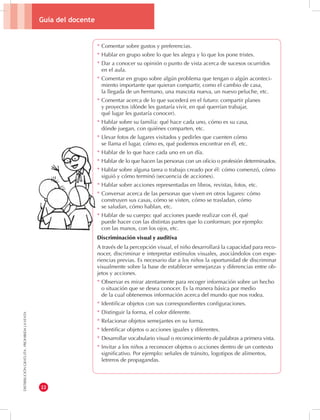 Guía del docente 
22 
DISTRIBUCIÓN GRATUITA - PROHIBIDA LA VENTA 
* Comentar sobre gustos y preferencias. 
* Hablar en grupo sobre lo que les alegra y lo que los pone tristes. 
* Dar a conocer su opinión o punto de vista acerca de sucesos ocurridos 
en el aula. 
* Comentar en grupo sobre algún problema que tengan o algún aconteci-miento 
importante que quieran compartir, como el cambio de casa, 
la llegada de un hermano, una mascota nueva, un nuevo peluche, etc. 
* Comentar acerca de lo que sucederá en el futuro: compartir planes 
y proyectos (dónde les gustaría vivir, en qué querrían trabajar, 
qué lugar les gustaría conocer). 
* Hablar sobre su familia: qué hace cada uno, cómo es su casa, 
dónde juegan, con quiénes comparten, etc. 
* Llevar fotos de lugares visitados y pedirles que cuenten cómo 
se llama el lugar, cómo es, qué podemos encontrar en él, etc. 
* Hablar de lo que hace cada uno en un día. 
* Hablar de lo que hacen las personas con un oficio o profesión determinados. 
* Hablar sobre alguna tarea o trabajo creado por él: cómo comenzó, cómo 
siguió y cómo terminó (secuencia de acciones). 
* Hablar sobre acciones representadas en libros, revistas, fotos, etc. 
* Conversar acerca de las personas que viven en otros lugares: cómo 
construyen sus casas, cómo se visten, cómo se trasladan, cómo 
se saludan, cómo hablan, etc. 
* Hablar de su cuerpo: qué acciones puede realizar con él, qué 
puede hacer con las distintas partes que lo conforman; por ejemplo: 
con las manos, con los ojos, etc. 
Discriminación visual y auditiva 
A través de la percepción visual, el niño desarrollará la capacidad para reco-nocer, 
discriminar e interpretar estímulos visuales, asociándolos con expe-riencias 
previas. Es necesario dar a los niños la oportunidad de discriminar 
visualmente sobre la base de establecer semejanzas y diferencias entre ob-jetos 
y acciones. 
* Observar es mirar atentamente para recoger información sobre un hecho 
o situación que se desea conocer. Es la manera básica por medio 
de la cual obtenemos información acerca del mundo que nos rodea. 
* Identificar objetos con sus correspondientes configuraciones. 
* Distinguir la forma, el color diferente. 
* Relacionar objetos semejantes en su forma. 
* Identificar objetos o acciones iguales y diferentes. 
* Desarrollar vocabulario visual o reconocimiento de palabras a primera vista. 
* Invitar a los niños a reconocer objetos o acciones dentro de un contexto 
significativo. Por ejemplo: señales de tránsito, logotipos de alimentos, 
letreros de propagandas. 
 