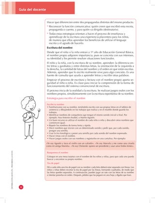 Guía del docente 
32 
DISTRIBUCIÓN GRATUITA - PROHIBIDA LA VENTA 
Hacer que diferencien entre dos propagandas distintas del mismo producto. 
* Reconocer la función comunicativa: quién creen que escribió esta receta, 
propaganda o cuento, y para quién va dirigido (destinatario). 
* Todas estas estrategias orientan a hacer el proceso de enseñanza y 
aprendizaje de la escritura una experiencia placentera para los niños, 
de manera que ellos aprendan los beneficios de utilizar el lenguaje 
escrito y el agrado de hacerlo. 
Escritura del nombre 
Desde que el niño o la niña entran a 1er año de Educación General Básica, 
el nombre propio adquiere importancia, pues se concreta con sus intereses, 
su identidad y les permite resolver situaciones funcionales. 
El niño y la niña, con la escritura de su nombre, aprenden: la diferencia en-tre 
letras y garabatos y entre distintas letras, la orientación de la izquierda a 
la derecha, la cantidad de letras del nombre y el orden en que están escritas. 
Además, aprender que lo escrito realmente sirve para algo concreto. Es una 
fuente de consulta que ayuda a aprender letras y escribir otras palabras. 
Empezar el proceso de escritura y lectura con el nombre propio aporta se-guridad 
al niño o niña. Es clave para iniciar la comprensión de la forma de 
funcionamiento del sistema convencional de escritura. 
El proceso inicia de la oralidad a la escritura. Se realizan juegos orales con los 
nombres propios, simultáneamente con la escritura espontánea de su nombre. 
Estrategia para escribir el nombre 
Escribe tu nombre 
• Familiarizarse con su nombre, teniéndolo escrito con sus propias letras en el tablero de 
asistencia y dibujándolo en los trabajos que realiza y en el mueble donde guarda los 
trabajos. 
• Identificar nombres de compañeros que tengan el mismo sonido inicial o final. Por 
ejemplo: Ana-Antonio-Anabel, o Martín-Agustín. 
• Un buen recurso es utilizar el nombre de cada niño o niña y descubrir otros nombres que 
comiencen igual. 
• Repetir los nombres de forma lenta y rápida. 
• Decir nombres que inicien con un determinado sonido y pedir que, por cada sonido, 
pongan una semilla. 
• Usar la tira fonológica y poner una semilla por cada sonido del nombre expresado. 
• Hacer rimas con el nombre. 
• Hacer juegos orales con sus nombres y registrarlos en una cartulina. Por ejemplo: 
Busquemos el nombre 
Coloque en una mesa tarjetas con el nombre de los niños y niñas, para que cada uno pueda 
buscar y encontrar su propio nombre. 
Tira de papel 
Dé a cada niño una tira de papel con su nombre: cada letra deberá estar separada con líneas. Los 
niños y niñas deben recortar la tira de papel por las líneas, formando cuadrados, de modo que 
las letras queden separadas. A continuación, pueden jugar un rato con las letras de su nombre 
e intentar ponerlas en orden. Después, pídales que las peguen en una hoja y dígales que lean. 
«Yo soy Agustín y toco el violín con un calcetín». «Yo soy Marcela y me como una ciruela 
como mi amiga Mariela». «Yo soy Clemente: quiero ser presidente y usar unos lindos lentes». 
 