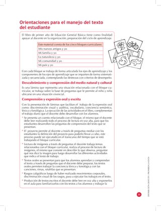 DISTRIBUCIÓN GRATUITA - PROHIBIDA LA VENTA 
35 
El libro de primer año de Eduación General Básica tiene como finalidad 
apoyar al docente en la organización, preparación del ciclo de aprendizaje. 
Con cada bloque se trabaja de forma articulada los ejes de aprendizaje y los 
componentes de los ejes de aprendizaje que se imparten de forma sistemati-zada 
y secuenciada, contemplando las destrezas con criterios de desempeño. 
Descubrimiento y comprensión del medio natural y cultural 
Es una lámina que representa una situación relacionada con el bloque cu-rricular, 
se trabaja sobre la base de preguntas que le permite al niño y niña 
ubicarse en una situación vivencial. 
Comprensión y expresión oral y escrita 
Con la presentación de láminas que facilitan el trabajo de la expresión oral 
como: discriminación visual y auditiva, vocabulario, conciencia semántica, 
léxica y fonológica. La ejecución de las actividades en el libro, complementan 
el trabajo diario que el docente debe desarrollar con los alumnos. 
* Se presenta un cuento relacionado con el bloque, el mismo que el docente 
debe leer realizando todo el proceso de lectura en voz alta, para que los 
estudiantes desarrollen las preguntas de comprensión del texto que se 
presentan. 
* El proyecto permite al docente a través de preguntas mediar con los 
estudiantes la definición del proyecto para poderlo llevar a cabo, este 
proceso puede ser ejecutado en el transcurso del tiempo que se está 
trabajando el bloque curricular. 
* Lectura de imágenes a través de preguntas el docente trabaja temas 
relacionados con el bloque curricular, realiza el proceso de lectura de 
imágenes, el mismo que consiste en describir lo que observa, preguntar 
qué nos dice la imagen para luego desarrollar las diferentes actividades 
que indica el texto de trabajo. 
* Textos orales se presentan para que los alumnos aprendan y comprendan 
el texto a través de preguntas que el docente debe preparar, los textos 
orales permiten trabajar la conciencia léxica y fonológica con las 
canciones, rimas, retahílas que se presentan. 
* Rasgos caligráficos luego de haber realizado movimientos corporales, 
discriminación visual de los rasgos, pasa a ejecutar los trabajos en el texto. 
* Producción de textos escritos el docente debe leer en voz alta y exponerlos 
en el aula para familiarizarlos con los textos a los alumnos y trabajar la 
Este material consta de los cinco bloques curriculares: 
Mis nuevos amigos y yo 
Mi familia y yo 
La naturaleza y yo 
Mi comunidad y yo 
Mi país y yo 
Orientaciones para el manejo del texto 
del estudiante 
 