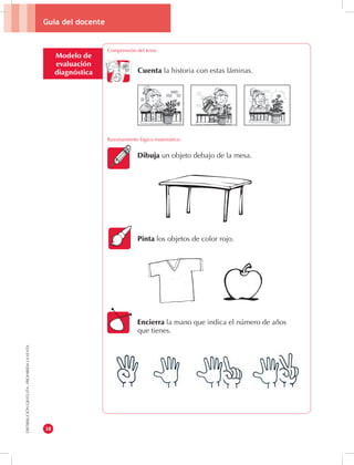 Guía del docente 
38 
DISTRIBUCIÓN GRATUITA - PROHIBIDA LA VENTA 
Modelo de 
evaluación 
diagnóstica 
Comprensión del texto 
Cuenta la historia con estas láminas. 
Razonamiento lógico matemático 
Dibuja un objeto debajo de la mesa. 
Pinta los objetos de color rojo. 
Encierra la mano que indica el número de años 
que tienes. 
 