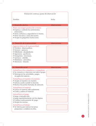 DISTRIBUCIÓN GRATUITA - PROHIBIDA LA VENTA 
53 
EValuación continua: pautas de observación 
Nombre: fecha: 
I. Desarrollo afectivo observaciones 
Posee una imagen positiva de sí mismo: 
• Expresa y controla los sentimientos, 
emociones… 
• Tiene confianza y seguridad en sí mismo. 
• Tiene iniciativa y toma decisiones. 
• Acepta las pequeñas frustraciones. 
Ii. Desarrollo de la personalidad observaciones 
Aspectos básicos de la personalidad: 
• Tímido/a - desenvuelto/a. 
• Activo/a - pasivo/a. 
• Obediente - desobediente. 
• Agresivo/a - pacífico/a. 
• Tranquilo/a - nervioso/a. 
• Sumiso/a - rebelde. 
• Miedoso/a - atrevido/a. 
• Afectivo/a - distante. 
Iii. Desarrollo social observaciones 
Actitud hacia los compañeros y compañeras: 
• Se comunica y relaciona con todo el grupo. 
• Participa en las actividades, juegos, 
recogida de material... 
Actitud hacia el maestro o la maestra: 
• Acepta al maestro o la maestra. 
• Solicita ayuda cuando la necesita. 
• Realiza frecuentes llamadas de atención. 
Actitud hacia el material: 
• Utiliza el material adecuadamente. 
• Cuida y ordena el material. 
Actitud hacia el juego: 
• Juega a menudo solo. 
• Juega espontáneamente con los objetos. 
• Cambia continuamente de juego. 
• Acepta las normas. 
Actitud hacia el trabajo: 
• Se interesa por realizar las tareas 
propuestas y colabora en ellas. 
 
