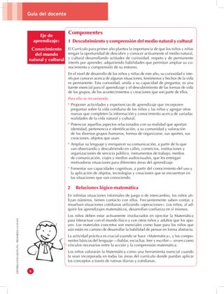 Guía del docente 
6 
DISTRIBUCIÓN GRATUITA - PROHIBIDA LA VENTA 
Eje de 
aprendizaje: 
Conocimiento 
del mundo 
natural y cultural 
Componentes 
1 Descubrimiento y comprensión del medio natural y cultural 
El Currículo para primer año plantea la importancia de que los niños y niñas 
tengan la oportunidad de descubrir y conocer activamente el medio natural, 
y cultural desarrollando actitudes de curiosidad, respeto y de permanente 
interés por aprender, adquiriendo habilidades que permitan ampliar su co-nocimiento 
y comprensión de su entorno. 
En el nivel de desarrollo de los niños y niñas de este año, su curiosidad e inte-rés 
por conocer acerca de algunas situaciones, fenómenos y hechos de la vida 
es permanente. Esta curiosidad, unida a su capacidad de preguntar, es una 
fuente esencial para el aprendizaje y el descubrimiento de las formas de vida 
de los grupos, de los acontecimientos y creaciones que son parte de ellos. 
Para ello se recomienda: 
* Proponer actividades y experiencias de aprendizaje que incorporen 
preguntas sobre la vida cotidiana de los niños y las niñas y agregar otras 
nuevas que completen la información y conocimiento acerca de variadas 
realidades de la vida natural y cultural. 
* Potenciar aquellos aspectos relacionados con su realidad que aportan 
identidad, pertenencia e identificación, a su comunidad y valoración 
de los diversos grupos humanos, formas de organizarse, sus aportes, sus 
creaciones, objetos que usan. 
* Ampliar su lenguaje y enriquecer su comunicación, a partir de lo que 
van observando y descubriendo en calles, comercios, instituciones y 
organizaciones de servicio público, instrumentos de trabajo, medios 
de comunicación, viajes y medios audiovisuales, que les entregan 
motivadoras situaciones para diferentes áreas del aprendizaje. 
* Fomentar sus capacidades cognitivas, a partir del conocimiento del uso y 
la aplicación de objetos, tecnologías y creaciones que se encuentran en 
las situaciones que van conociendo. 
2 Relaciones lógico-matemática 
En infinitas situaciones informales de juego o de intercambio, los niños uti-lizan 
números, tienen contacto con ellos. Frecuentemente saben contar, y 
resuelven situaciones cotidianas utilizando «operaciones». Los niños, al ad-quirir 
los aprendizajes matemáticos, desarrollan confianza en sí mismos. 
Los niños deben estar activamente involucrados en ejercitar la Matemática 
para interactuar con el mundo físico y con otros niños y adultos que los apo-yen. 
Los materiales concretos son esenciales como base para los niños que 
aún están en camino de desarrollar la habilidad de pensar en forma abstracta. 
La actividad práctica es crucial cuando se hace «Matemática», y los compo-nentes 
básicos del lenguaje —hablar, escuchar, leer y escribir— sirven como 
vínculos necesarios entre la acción y la comprensión matemática. 
Los niños valorarán la Matemática como una herramienta esencial cuando 
la vean incorporada en todas las áreas del currículo donde puedan aplicar 
los conceptos a través de rutinas diarias y cotidianas. 
 