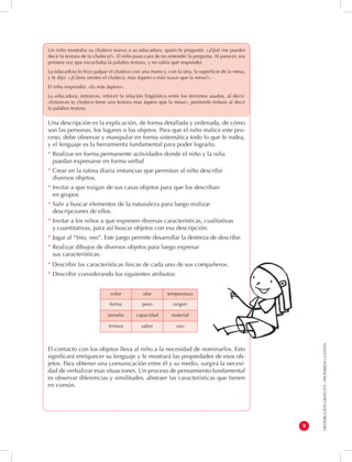 DISTRIBUCIÓN GRATUITA - PROHIBIDA LA VENTA 
9 
Un niño mostraba su chaleco nuevo a su educadora, quien le preguntó: «¿Qué me puedes 
decir la textura de tu chaleco?». El niño puso cara de no entender la pregunta. Al parecer, era 
primera vez que escuchaba la palabra textura, y no sabía qué responder. 
La educadora lo hizo palpar el chaleco con una mano y, con la otra, la superficie de la mesa, 
y le dijo: «¿Cómo sientes el chaleco, mas áspero o más suave que la mesa?». 
El niño respondió: «Es más áspero». 
La educadora, entonces, reforzó la relación lingüística entre los términos usados, al decir: 
«Entonces tu chaleco tiene una textura mas áspera que la mesa», poniendo énfasis al decir 
la palabra textura. 
Una descripción es la explicación, de forma detallada y ordenada, de cómo 
son las personas, los lugares o los objetos. Para que el niño realice este pro-ceso, 
debe observar y manipular en forma sistemática todo lo que le rodea, 
y el lenguaje es la herramienta fundamental para poder lograrlo. 
* Realizar en forma permanente actividades donde el niño y la niña 
puedan expresarse en forma verbal 
* Crear en la rutina diaria instancias que permitan al niño describir 
diversos objetos. 
* Invitar a que traigan de sus casas objetos para que los describan 
en grupos. 
* Salir a buscar elementos de la naturaleza para luego realizar 
descripciones de ellos. 
* Invitar a los niños a que expresen diversas características, cualitativas 
y cuantitativas, para así buscar objetos con esa descripción. 
* Jugar al “Veo, veo”. Este juego permite desarrollar la destreza de describir. 
* Realizar dibujos de diversos objetos para luego expresar 
sus características. 
* Describir las características físicas de cada uno de sus compañeros. 
* Describir considerando los siguientes atributos: 
color olor temperatura 
forma peso origen 
tamaño capacidad material 
textura sabor uso 
El contacto con los objetos lleva al niño a la necesidad de nominarlos. Esto 
significará enriquecer su lenguaje y le mostrará las propiedades de esos ob-jetos. 
Para obtener una comunicación entre él y su medio, surgirá la necesi-dad 
de verbalizar esas situaciones. Un proceso de pensamiento fundamental 
es observar diferencias y similitudes, abstraer las características que tienen 
en común. 
 