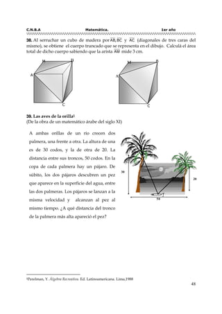 C.N.B.A Matemática. 1er año
48
3388.. Al serruchar un cubo de madera por AB,BC y AC (diagonales de tres caras del
mismo), se obtiene el cuerpo truncado que se representa en el dibujo. Calculá el área
total de dicho cuerpo sabiendo que la arista AM mide 3 cm.
3399.. Las aves de la orilla‡
(De la obra de un matemático árabe del siglo XI)
‡Perelman, Y. Álgebra Recreativa. Ed. Latinoamericana. Lima,1988
50
30
20
•
A ambas orillas de un río crecen dos
palmera, una frente a otra. La altura de una
es de 30 codos, y la de otra de 20. La
distancia entre sus troncos, 50 codos. En la
copa de cada palmera hay un pájaro. De
súbito, los dos pájaros descubren un pez
que aparece en la superficie del agua, entre
las dos palmeras. Los pájaros se lanzan a la
misma velocidad y alcanzan al pez al
mismo tiempo. ¿A qué distancia del tronco
de la palmera más alta apareció el pez?
A
C
M B
A
A
C
M B
 