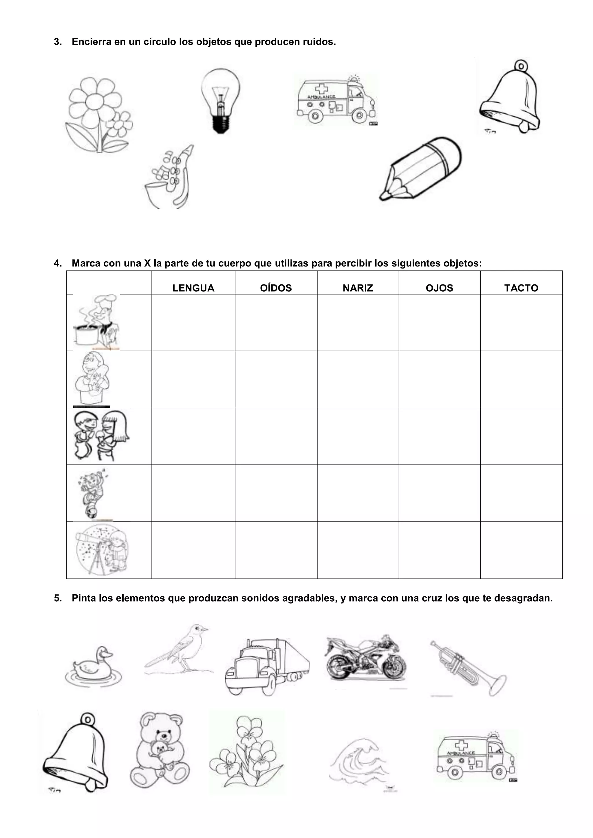 3. Encierra en un círculo los objetos que producen ruidos.
4. Marca con una X la parte de tu cuerpo que utilizas para percibir los siguientes objetos:
LENGUA OÍDOS NARIZ OJOS TACTO
5. Pinta los elementos que produzcan sonidos agradables, y marca con una cruz los que te desagradan.