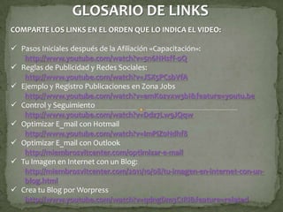 GLOSARIO DE LINKS
COMPARTE LOS LINKS EN EL ORDEN QUE LO INDICA EL VIDEO:

 Pasos Iniciales después de la Afiliación «Capacitación»:
   http://www.youtube.com/watch?v=5n6NHsff-oQ
 Reglas de Publicidad y Redes Sociales:
   http://www.youtube.com/watch?v=JSX5PCsbVfA
 Ejemplo y Registro Publicaciones en Zona Jobs
   http://www.youtube.com/watch?v=emK0zvxw3bI&feature=youtu.be
 Control y Seguimiento
   http://www.youtube.com/watch?v=Ddz7Lw9JQqw
 Optimizar E_mail con Hotmail
   http://www.youtube.com/watch?v=ImPiZ0Ndhf8
 Optimizar E_mail con Outlook
   http://miembrosvitcenter.com/optimizar-e-mail
 Tu Imagen en Internet con un Blog:
   http://miembrosvitcenter.com/2011/10/08/tu-imagen-en-internet-con-un-
   blog.html
 Crea tu Blog por Worpress
   http://www.youtube.com/watch?v=qdngDm3C1RI&feature=related
 