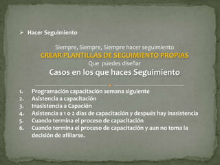  Hacer Seguimiento

              Siempre, Siempre, Siempre hacer seguimiento
        CREAR PLANTILLAS DE SEGUIMIENTO PROPIAS
                           Que puedes diseñar
           Casos en los que haces Seguimiento

1.   Programación capacitación semana siguiente
2.   Asistencia a capacitación
3.   Inasistencia a Capación
4.   Asistencia a 1 o 2 días de capacitación y después hay inasistencia
5.   Cuando termina el proceso de capacitación
6.   Cuando termina el proceso de capacitación y aun no toma la
     decisión de afiliarse.
 