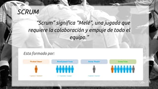 SCRUM
“Scrum” significa “Melé”, una jugada que
requiere la colaboración y empuje de todo el
equipo.”
Esta formado por:
 