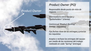 Product Owner
Product Owner (PO)
Responsable desde punto de vista de
negocio
Intermediario entre equipo y
“Satkeholders” (cliente)
Gestiona el “Product Backlog”
(tareas - requisitos)
Fija fechas clave de las entregas y prioriza
los requisitos
Acepta o rechaza las entregas del equipo
por medio de las revisiones del trabajo
realizado en cada “Spring” (entrega)
 