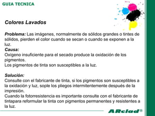 GUIA TECNICA



Colores Lavados

Problema: Las imágenes, normalmente de sólidos grandes o tintes de
sólidos, pierden el color cuando se secan o cuando se exponen a la
luz.
Causa:
Oxígeno insuficiente para el secado produce la oxidación de los
pigmentos.
Los pigmentos de tinta son susceptibles a la luz.

Solución:
Consulte con el fabricante de tinta, si los pigmentos son susceptibles a
la oxidación y luz, sople los pliegos intermitentemente después de la
impresión.
Cuando la fotorresistencia es importante consulte con el fabricante de
tintapara reformular la tinta con pigmentos permanentes y resistentes a
la luz.
 