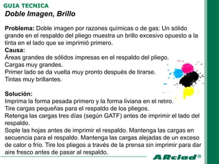 GUIA TECNICA
Doble Imagen, Brillo
Problema: Doble imagen por razones químicas o de gas: Un sólido
grande en el respaldo del pliego muestra un brillo excesivo opuesto a la
tinta en el lado que se imprimió primero.
Causa:
Áreas grandes de sólidos impresas en el respaldo del pliego.
Cargas muy grandes.
Primer lado se da vuelta muy pronto después de tirarse.
Tintas muy brillantes.

Solución:
Imprima la forma pesada primero y la forma liviana en el retiro.
Tire cargas pequeñas para el respaldo de los pliegos.
Retenga las cargas tres días (según GATF) antes de imprimir el lado del
respaldo.
Sople las hojas antes de imprimir el respaldo. Mantenga las cargas en
secuencia para el respaldo. Mantenga las cargas alejadas de un exceso
de calor o frío. Tire los pliegos a través de la prensa sin imprimir para dar
aire fresco antes de pasar al respaldo.
 