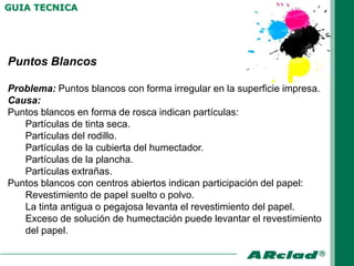 GUIA TECNICA




Puntos Blancos

Problema: Puntos blancos con forma irregular en la superficie impresa.
Causa:
Puntos blancos en forma de rosca indican partículas:
   Partículas de tinta seca.
   Partículas del rodillo.
   Partículas de la cubierta del humectador.
   Partículas de la plancha.
   Partículas extrañas.
Puntos blancos con centros abiertos indican participación del papel:
   Revestimiento de papel suelto o polvo.
   La tinta antigua o pegajosa levanta el revestimiento del papel.
   Exceso de solución de humectación puede levantar el revestimiento
   del papel.
 