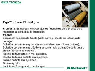GUIA TECNICA




Equilibrio de Tinta/Agua
Problema: Es necesario hacer ajustes frecuentes en la prensa para
mantener la calidad de la impresión.
Causa:
Exceso de solución de fuente (vista como el efecto de ¨cáscara de
naranja¨).
Solución de fuente muy concentrada (vista como colores pálidos).
Solución de fuente muy débil (vista como mala aplicación de la tinta o
efecto ¨cáscara de naranja¨.
Rodillo de humectación mal ajustado.
Rodillo de forma de tinta mal ajustado.
Fuente de tinta mal ajustada.
Tinta muy débil.
La tinta está aceptando mucha agua.
 