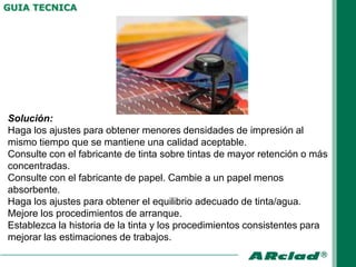 GUIA TECNICA




Solución:
Haga los ajustes para obtener menores densidades de impresión al
mismo tiempo que se mantiene una calidad aceptable.
Consulte con el fabricante de tinta sobre tintas de mayor retención o más
concentradas.
Consulte con el fabricante de papel. Cambie a un papel menos
absorbente.
Haga los ajustes para obtener el equilibrio adecuado de tinta/agua.
Mejore los procedimientos de arranque.
Establezca la historia de la tinta y los procedimientos consistentes para
mejorar las estimaciones de trabajos.
 