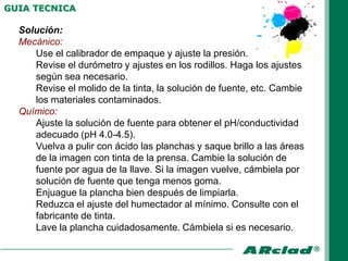 GUIA TECNICA

  Solución:
  Mecánico:
     Use el calibrador de empaque y ajuste la presión.
     Revise el durómetro y ajustes en los rodillos. Haga los ajustes
     según sea necesario.
     Revise el molido de la tinta, la solución de fuente, etc. Cambie
     los materiales contaminados.
  Químico:
     Ajuste la solución de fuente para obtener el pH/conductividad
     adecuado (pH 4.0-4.5).
     Vuelva a pulir con ácido las planchas y saque brillo a las áreas
     de la imagen con tinta de la prensa. Cambie la solución de
     fuente por agua de la llave. Si la imagen vuelve, cámbiela por
     solución de fuente que tenga menos goma.
     Enjuague la plancha bien después de limpiarla.
     Reduzca el ajuste del humectador al mínimo. Consulte con el
     fabricante de tinta.
     Lave la plancha cuidadosamente. Cámbiela si es necesario.
 