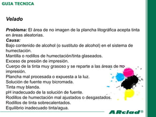 GUIA TECNICA



 Velado

 Problema: El área de no imagen de la plancha litográfica acepta tinta
 en áreas aleatorias.
 Causa:
 Bajo contenido de alcohol (o sustituto de alcohol) en el sistema de
 humectación.
 Mantilla o rodillos de humectación/tinta glaseados.
 Exceso de presión de impresión.
 Cuerpo de la tinta muy grasoso y se reparte a las áreas de no
 impresión.
 Plancha mal procesada o expuesta a la luz.
 Solución de fuente muy bicromada.
 Tinta muy blanda.
 pH inadecuado de la solución de fuente.
 Rodillos de humectación mal ajustados o desgastados.
 Rodillos de tinta sobrecalentados.
 Equilibrio inadecuado tinta/agua.
 