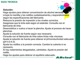GUIA TECNICA


 Solución:
 Haga ajustes para obtener concentración de alcohol correcta.
 Limpie la mantilla y los rodillos cuidadosamente y reacondiciónelos
 según las especificaciones del fabricante.
 Reduzca la presión de impresión a los niveles correctos.
 Asegúrese que la tinta esté según el estándar. Consulte con el
 fabricante de tinta.
 Desensibilice o vuelva a hacer la plancha. Ajuste el proceso de hacer
 planchas.
 Ajuste la solución de fuente según sea necesario.
 Consulte con el fabricante de tinta sobre tintas más viscosas.
 Ajuste la solución de fuente para obtener el pH/conductividad adecuado
 (pH 4.0-4.5).
 Ajuste los rodillos a la presión correcta. Cambie la cubierta si es
 necesario.
 Si hay rodamientos desgastados, cámbielos. Ajuste la presión del
 rodillo.
 Haga los ajustes para obtener el equilibrio adecuado.
 