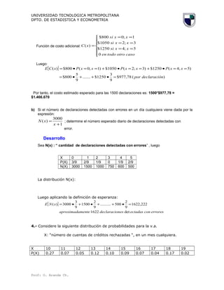 UNIVERSIDAD TECNOLOGICA METROPOLITANA
DPTO. DE ESTADISTICA Y ECONOMETRIA
Función de costo adicional:







==
==
==
=
casootrotodoen
xxsi
xxsi
xxsi
xC
0
5;41250$
3;21050$
1;0800$
)(
Luego:
[ ]
)(78,977$
9
3
1250$.......
9
5
800$
)5;4(1250$)3;2(1050$)1;0(800$)(
ndeclaraciópor
xxPxxPxxPxCE
=•++•=
==•+==•+==•=
Por tanto, el costo estimado esperado para las 1500 declaraciones es: 1500*$977,78 =
$1.466.670
b) Si el número de declaraciones detectadas con errores en un día cualquiera viene dada por la
expresión:
1
3000
)(
+
=
x
xN ; determine el número esperado diario de declaraciones detectadas con
error.
Desarrollo
Sea N(x) : “ cantidad de declaraciones detectadas con errores” , luego
La distribución N(x):
Luego aplicando la definición de esperanza:
[ ]
erroresconectadasnesdeclaraciomenteaproximada
xNE
det1622
222,1622
9
2
500..........
9
2
1500
9
3
3000)( =•++•+•=
4.- Considere la siguiente distribución de probabilidades para la v.a.
X: “número de cuentas de créditos rechazadas “, en un mes cualquiera.
X 10 11 12 13 14 15 16 17 18 19
P(X) 0.27 0.07 0.05 0.12 0.10 0.09 0.07 0.04 0.17 0.02
Prof: O. Aranda Ch.
X 0 1 2 3 4 5
P(X) 3/9 2/9 1/9 0 1/9 2/9
N(X) 3000 1500 1000 750 600 500
 