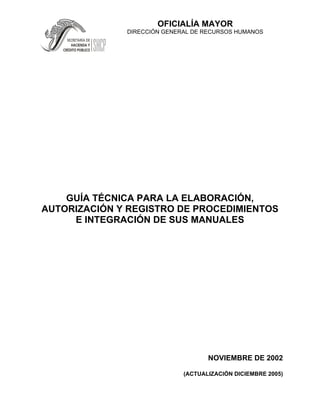 OFICIALÍA MAYOR
DIRECCIÓN GENERAL DE RECURSOS HUMANOS
GUÍA TÉCNICA PARA LA ELABORACIÓN,
AUTORIZACIÓN Y REGISTRO DE PROCEDIMIENTOS
E INTEGRACIÓN DE SUS MANUALES
NOVIEMBRE DE 2002
(ACTUALIZACIÓN DICIEMBRE 2005)
 