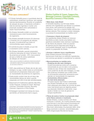 Shakes Herbalife
                   Por que consumir?                                                  Shakes Cookies  Cream, Cappuccino,
                                                                                      Morango Cremoso, Chocolate Cremoso,
                   •  Shake Herbalife possui a quantidade ideal de
                     O                                                                Baunilha Cremoso e Piña Colada.
                     carboidratos, proteínas e gorduras, sem agregar
                     calorias desnecessárias. Durante um programa                     • Mais doce, mais Brasil
                     de redução de peso, é importante controlar o                     A Herbalife trabalhou nas fórmulas destes
                     total de calorias ingeridas e manter uma                         sabores com ingredientes que deixam os produtos
                     proporção saudável entre carboidratos e                          mais doces, bem próximos ao paladar dos
                     esses macronutrientes;                                           brasileiros, mas com a mesma média calórica dos
                                                                                      demais sabores. Para alcançar o dulçor desejado,
                   •  s Shakes Herbalife contêm os nutrientes
                     O                                                                a sucralose foi acrescentada na medida certa**.
                     necessários para o bom funcionamento
                     do organismo;                                                    • Cremosos e fáceis de preparar
                   •  s Shakes Herbalife fornecem 23 vitaminas
                     O                                                                Os ingredientes destes Shakes se misturam
                     e minerais. Em um programa de redução                            facilmente ao leite criando uma bebida com
                     de peso, é fundamental que todos os                              aparência aveludada muito cremosa e apetitosa.
                     micronutrientes sejam supridos;                                  E são fáceis de preparar. Você vai precisar
                                                                                      de apenas poucos segundos para atingir a
                   •  controle do peso é simples, já que não
                     O                                                                cremosidade desejada, tanto no liquidificador
                     é necessário contar calorias;                                    quanto no preparador de Shake.
                   •  s Shakes Herbalife, quando preparados
                     O
                     conforme instruções do rótulo, fornecem 18 g                     • Aromas e sabores ricos e equilibrados
                     de proteínas por porção - 23% mais proteína                      Estes Shakes possuem fórmulas que
                     do que a média de outros substitutos                             harmonizam muito bem os melhores ingredientes,
                     de refeição do mercado*;                                         com aromas que ajudam a caracterizar os sabores.
                      * Para o cálculo da média do mercado, foram selecionadas
                        três marcas conhecidas que possuem grande aceitação
                                                                                      •  acronutrientes na medida certa
                                                                                        M
                        por parte do público e os valores calculados com base           -  roteínas de alto valor biológico:
                                                                                          P
                        em uma média aritmética.
                                                                                          O perfil de proteínas conta com a proteína
                                                                                          concentrada do soro do leite e com proteína
                   •  00% das proteínas do Shake são de alto valor
                     1                                                                    isolada da soja. Ambas são classificadas
                     biológico, ou seja, contêm todos os aminoácidos                      como proteínas de alto valor biológico, ou seja,
                     essenciais em proporções ideais para suprir                          são proteínas completas que contêm todos
                     as necessidades de proteínas do organismo;                           os aminoácidos essenciais necessários para
                     C
                   •  ada porção contém mais de um terço das                             atender as necessidades do organismo.
                     necessidades diárias de cálcio, quando                             -  arboidratos diferenciados –
                                                                                          C
                     preparada com 250 ml de leite semidesnatado;                         de mais lenta absorção:
                                                                                          A frutose (açúcar das frutas) é adicionada
                   •  isponível em 8 deliciosos sabores: Baunilha,
                     D                                                                    aos Shakes Herbalife por ser o carboidrato
                     Frutas Tropicais, Cookies  Cream, Morango                           mais adequado para dietas de controle de peso.
                     Cremoso, Chocolate Cremoso, Baunilha                                 Leva mais tempo para ser digerida porque
                     Cremoso, Capuccino e Piña Colada;                                    sua absorção intestinal é mais lenta, o que
                   •  mbalagem reciclável com tampa de rosca,
                     E                                                                    ajuda a manter os níveis de glicose no
                     permitindo um fechamento fácil e seguro.                             sangue equilibrados.

                                                                                      • 
                                                                                        Fibras de aveia e inulina na proporção ideal
                                                                                        entre fibras solúveis e insolúveis:
                                                                                        Nestes Shakes, a aveia contribui com fibras
                                                                                        insolúveis e solúveis. Já a inulina presente nessa
controle de peso
guia de produtos
nutrição interna




                                                                                        nova fórmula é uma fibra solúvel encontrada em
                                                                                        inúmeras espécies de vegetais, frutas e grãos.
                   **Edulcorante sem calorias proveniente da cana de açúcar e que
                   por isso tem perfil de sabor similar ao do açúcar, sem deixar
                                                                                        Elas foram adicionadas na proporção ideal, entre
                   sabor residual. Estudos feitos durante 20 anos demonstram que        fibras insolúveis e solúveis, recomendada pela
                   a sucralose pode ser utilizada com segurança. Aprovada pelo
                   FDA - Food and Drug Administration - e ANVISA - Agência Nacional     OMS (Organização Mundial de Saúde).
                   de Vigilância Sanitária.




    14

  Guia - NI.indd 14                                                                                                                          30/03/12 2:57 PM
 