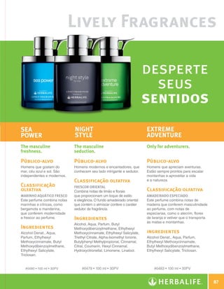 Lively Fragrances

                                                                                       desperte
                                                                                         seus
                                                                                       sentidos
              Sea                          Night                                       Extreme
              Power                        Style                                       Adventure
              The masculine                The masculine                               Only for adventurers.
              freshness.                   seduction.

              Público-alvo                 Público-alvo                                Público-alvo
              Homens que gostam do         Homens modernos e encantadores, que         Homens que apreciam aventuras.
              mar, céu azul e sol. São     conhecem seu lado intrigante e sedutor.     Estão sempre prontos para escalar
              independentes e modernos.                                                montanhas e aproveitar a vida
                                           Classificação olfativa                      e a natureza. 
              Classificação                Frescor Oriental
              olfativa                     Combina notas de limão e florais            Classificação olfativa
              Marinho Aquático Fresco      que proporcionam um toque de estilo         Amadeirado Especiado
              Este perfume combina notas   e elegância. O fundo amadeirado oriental    Este perfume combina notas de
              marinhas e cítricas, como    que contém o almíscar confere o caráter     madeira que conferem masculinidade
              bergamota e mandarina,       sedutor da fragrância.                      ao perfume, com notas de
              que conferem modernidade                                                 especiarias, como o alecrim, flores
              e frescor ao perfume.        Ingredientes                                de laranja e vetiver que o transporta
                                                                                       às matas e montanhas.
                                           Alcohol, Aqua, Parfum, Butyl
              Ingredientes                 Methoxydibenzoylmethane, Ethylhexyl
              Alcohol Denat., Aqua,        Methoxycinnamate, Ethylhexyl Salicylate,    ingredientes
              Parfum, Ethylhexyl           Triethyl Citrate, Alpha-Isomethyl Ionone,   Alcohol Denat., Aqua, Parfum,
              Methoxycinnamate, Butyl     Butylphenyl Methylpropional, Cinnamal,      Ethylhexyl Methoxycinnamate,
              Methoxydibenzoylmethane,     Citral, Coumarin, Hexyl Cinnamal,           B
                                                                                        utyl Methoxydibenzoylmethane,
              Ethylhexyl Salicylate,       Hydroxycitronellal, Limonene, Linalool.     Ethylhexyl Salicylate, Triclosan.
              Triclosan.


                #0480 • 100 ml • 30PV          #0479 • 100 ml • 30PV                       #0483 • 100 ml • 30PV


                                                                                                                                   87

N.E.indd 87                                                                                                                30/03/12 2:48 PM
 