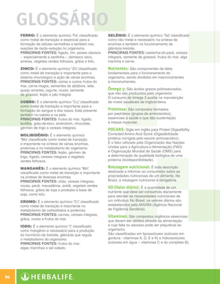 GLOSSÁRIO
               Ferro: É o elemento químico “Fe” classificado
                                                  ,                Selênio: É o elemento químico “Se” classificado
                                                                                                           ,
               como metal de transição e essencial para a          como não metal e necessário na síntese de
               formação de células vermelhas e também nas          enzimas e também no funcionamento da
               reações de óxido-redução no organismo.              glândula tireóide.
               Principais fontes: fígado, rim, peixes oleosos      Principais fontes: castanha-do-pará, cereais
               - especialmente a sardinha -, damasco seco,         integrais, semente de girassol, frutos do mar, alga
               ameixa, vegetais verdes folhosos, grãos e tofu.     marinha e carne.

               Zinco: É o elemento químico “Zn” classificado
                                                   ,               Nutrientes: São componentes da dieta
               como metal de transição e importante para o         fundamentais para o funcionamento do
               sistema imunológico e ação de várias enzimas.       organismo, sendo divididos em macronutrientes
               Principais fontes: ostras e outros frutos do        e micronutrientes.
               mar, carne magra, sementes de abóbora, leite,
               queijo amarelo, iogurte, nozes, semente             Ômega 3: São ácidos graxos poliinsaturados,
               de girassol, feijão e pão integral.                 que não são produzidos pelo organismo.
                                                                   O consumo de ômega 3 auxilia na manutenção
               Cobre: É o elemento químico “Cu” classificado
                                                    ,              de níveis saudáveis de triglicerídeos.
               como metal de transição e importante para a
               formação do sangue e dos ossos. Está presente       Proteínas: São compostos formados
               também no cabelo e na pele.                         por peptídeos (grupos de aminoácidos),
               Principais fontes: frutos do mar, fígado,           essenciais à saúde e que dão sustentação
               lentilha, grão-de-bico, amendoim, chocolate,        à massa muscular.
               gérmen de trigo e cereais integrais.
                                                                   PDCAAS: Sigla em inglês para Protein Digestibility
               Molibidênio: É o elemento químico                   Corrected Amino Acid Score (Digestibilidade
               “Mo” classificado como metal de transição
                    ,                                              protéica corrigida pelo escore aminoacídico).
               e importante na síntese de várias enzimas,          É o fator utilizado pela Organização das Nações
               proteínas e no metabolismo do organismo.            Unidas para a Agricultura e Alimentação (FAO)
               Principais fontes: feijão, gérmen de                e Organização Mundial de Saúde (OMS) para
               trigo, fígado, cereais integrais e vegetais         a determinação da qualidade biológica de uma
               verdes folhosos.                                    proteína (biodisponibilidade).

               Manganês: É o elemento químico “Mn”       ,         Rotulagem nutricional: É toda descrição
               classificado como metal de transição e importante   destinada a informar ao consumidor sobre as
               na síntese de diversas enzimas.                     propriedades nutricionais de um alimento. No
               Principais fontes: chás, cereais integrais,         Brasil, a rotulagem nutricional é obrigatória.
               nozes, pecã, macadâmia, avelã, vegetais verdes
                                                                   VD (Valor diário): É a quantidade de um
               folhosos, grãos de soja e produtos à base de
                                                                   nutriente que deve ser consumida diariamente
               soja, como tofu.
                                                                   para atender as necessidades nutricionais de
               Cromo: É o elemento químico “Cr” classificado
                                                  ,                um indivíduo. No Brasil, os valores diários são
               como metal de transição e importante no             estabelecidos pela ANVISA (Agência Nacional
               metabolismo de carboidratos e proteínas.            de Vigilância Sanitária).
               Principais fontes: carnes, cereais integrais,
                                                                   Vitaminas: São compostos orgânicos essenciais
               grãos, nozes e frutos do mar.
                                                                   que devem ser obtidos através da alimentação
               Iodo: É o elemento químico “I” classificado
                                              ,                    e cuja falta ou excesso pode ser prejudicial ao
               como hologênio e necessário para a produção         organismo.
               do hormônio da tireóide, glândula que regula        São classificadas em lipossolúveis (solúveis em
               o metabolismo do organismo.                         gordura - vitaminas A, D, E e K) e hidrossolúveis
               Principais fontes: frutos do mar,                   (solúveis em água – vitaminas C e do complexo B).
               algas marinhas e sal iodado.




 96

Glossário.indd 96                                                                                                        30/03/12 2:39 PM
 