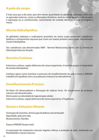 14
A pele do corpo
Manto Hidrolipídico
Barreira Cutânea
Envelhecimento Precoce
Danos e Soluções Hinode
É mais seca que a do rosto, pois tem menor quantidade de glândulas sebáceas; sofre com
as agressões externas, como as alterações climáticas, banhos muito quentes e demorados
e exposição ao ar condicionado, necessitando de cuidado diário para estar protegida e
macia.
As glândulas sebáceas e sudoríparas presentes no nosso corpo produzem substâncias
lipídicas e componentes aquosos que criam um manto protetor para a pele, denominado
manto hidrolipídico.
Tais substâncias são denominadas NMF - Normal Moisturizing Factor, isto é, Fatores de
Hidratação Naturais da pele.
A barreira cutânea, região defensora do nosso organismo, é mantida graças à integridade
do manto hidrolipídico.
Conheça agora como acontece o processo de envelhecimento da pele e como a HINODE
trabalha em equilíbrio com a sua pele para restaurá-la naturalmente.
Os Raios UV desencadeiam a formação de radicais livres. Os mecanismos de proteção
naturais são desacelerados:
Diminuição na velocidade de regeneração celular;
A barreira cutânea, região defensora do nosso organismo, é fragilizada.
Formação de manchas, diminuição da defesa natural da pele.
Opacidade, pele sem vida.
Ressecamento, flacidez.
O que a HINODE faz por você:
A associação de compostos naturais vegetais reforça a proteção da pele, mantendo sua
flexibilidade e maciez naturais.
 