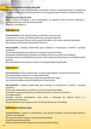 24
Reconhecendo os tipos de pele
De acordo com o grau de hidratação, tonicidade e textura, é possível avaliar a condição da
sua pele, escolhendo a linha de produtos mais adequada para mantê-la saudável e bonita.
Reconheça seu tipo de pele:
Após 3 horas da limpeza e sem maquilagem ou qualquer outro produto aplicado, a
camada protetora natural está restaurada.
Observe e classifique-a:
Pele Normal
Características: Tem aspecto sedoso, é elástica e suave ao tato.
A espessura é correta, nem demasiado fina, nem grossa demais.
Apresenta-se sempre fresca e com os poros fechados, sem cravos, espinhas ou lesões.
Não descama nem produz oleosidade excessiva.
Necessidades: Limpeza balanceada para remover as impurezas e manter a camada
protetora.
Tonificação adequada para refrescar e manter os poros fechados.
Hidratação emoliente para fortalecer as defesas naturais e manter seu equilíbrio.
Nutrição noturna antioxidante para evitar a formação de radicais livres e o envelhecimento
precoce.
Microesfoliação noturna para manter a renovação celular equilibrada.
Pele Jovem
Características: Está em pleno vigor, é macia e homogênea, não apresenta manchas.
É bem lubrificada e elástica, sem sinais de flacidez.
É luminosa e fresca e não possui sinais de expressão nem rugas.
Seu sistema de defesa natural trabalha em ritmo correto.
Necessidades: Limpeza balanceada para remover as impurezas e manter a camada
protetora.
Tonificação adequada para refrescar e manter os poros fechados.
Hidratação suave para equilibrar as defesas naturais e manter seu frescor e
homogeneidade.
Nutrição noturna antioxidante, para evitar a formação de radicais livres e o
envelhecimento precoce.
Microesfoliação noturna para evitar a formação de cravos e comedões.
Pele Seca ou Ressecada
Características: É áspera e desidratada, com grande tendência à descamação devido à
ausência de umidade.
Tem espessura fina, é opaca e com pouca elasticidade.
Envelhece prematuramente.
Tende a apresentar linhas precoces ao redor dos olhos e boca.
 