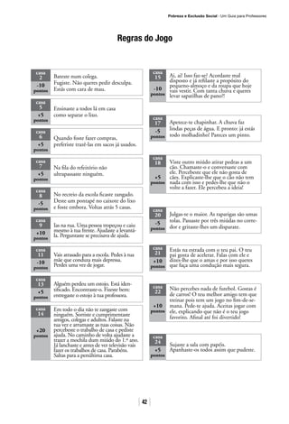 Pobreza e Exclusão Social · Um Guia para Professores
42
Bateste num colega.
Fugiste. Não queres pedir desculpa.
Estás com cara de mau.
casa
2
-10
pontos
Ensinaste a todos lá em casa
como separar o lixo.
casa
5
+5
pontos
Quando foste fazer compras,
preferiste trazê-las em sacos já usados.
casa
6
+5
pontos
Na fila do refeitório não
ultrapassaste ninguém.
casa
7
+5
pontos
No recreio da escola ficaste zangado.
Deste um pontapé no caixote do lixo
e foste embora. Voltas atrás 5 casas.
casa
8
-5
pontos
Ias na rua. Uma pessoa tropeçou e caiu
mesmo à tua frente. Ajudaste a levantá-
la. Perguntaste se precisava de ajuda.
casa
9
+10
pontos
Vais atrasado para a escola. Pedes à tua
mãe que conduza mais depressa.
Perdes uma vez de jogar.
casa
11
-10
pontos
Alguém perdeu um estojo. Está iden-
tificado. Encontraste-o. Fizeste bem:
entregaste o estojo à tua professora.
casa
13
+5
pontos
Em todo o dia não te zangaste com
ninguém. Sorriste e cumprimentaste
amigos, colegas e adultos. Falaste na
tua vez e arrumaste as tuas coisas. Não
percebeste o trabalho de casa e pediste
ajuda. No caminho de volta ajudaste a
trazer a mochila dum miúdo do 1.º ano.
Já lanchaste e antes de ver televisão vais
fazer os trabalhos de casa. Parabéns.
Saltas para a penúltima casa.
casa
14
+20
pontos
Ai, ai! Isso faz-se? Acordaste mal
disposto e já refilaste a propósito do
pequeno-almoço e da roupa que hoje
vais vestir. Com tanta chuva e queres
levar sapatilhas de pano?!
casa
15
-10
pontos
Apetece-te chapinhar. A chuva faz
lindas peças de água. E pronto: já estás
todo molhadinho! Pareces um pinto.
casa
17
-5
pontos
Viste outro miúdo atirar pedras a um
cão. Chamaste-o e conversaste com
ele. Percebeste que ele não gosta de
cães. Explicaste-lhe que o cão não tem
nada com isso e pedes-lhe que não o
volte a fazer. Ele percebeu a ideia!
casa
18
+5
pontos
Julgas-te o maior. As raparigas são umas
tolas. Passaste por três miúdas no corre-
dor e gritaste-lhes um disparate.
casa
20
-5
pontos
Estás na estrada com o teu pai. O teu
pai gosta de acelerar. Falas com ele e
dizes-lhe que o amas e por isso queres
que faça uma condução mais segura.
casa
21
+10
pontos
Não percebes nada de futebol. Gostas é
de carros! O teu melhor amigo tem que
treinar pois tem um jogo no fim-de-se-
mana. Pede-te ajuda. Aceitas jogar com
ele, explicando que não é o teu jogo
favorito. Afinal até foi divertido!
casa
22
+10
pontos
Sujaste a sala com papéis.
Apanhaste-os todos assim que pudeste.
casa
24
+5
pontos
Regras do Jogo
 