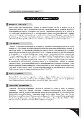Guía de Profesiones Técnicas y Pedagógicas - Regiones




                              COMPUTACIÓN E INFORMÁTICA




                                                                                                                       COMPUTACION E INFORMATICA
SÍNTESIS DE FUNCIONES

Analiza, diseña y elabora programas y sistemas de computación para todo tipo de organización, de tal
manera que con esto se agiliza y facilita la conducción de la misma. Además adecua Programas de Cómputo
estándares a las necesidades específicas de una empresa. Elabora el plan estratégico de los sistemas de
información de la organización, teniendo en cuenta la evaluación de sus necesidades. Desarrolla y realiza el
mantenimiento de programas que administren la información de la empresa. Realiza la evaluación técnica
de sistemas y determina las necesidades, selecciona y propone alternativas de plataformas físicas, y
criterios de evaluación tanto de hardware como de software para enfrentar los problemas no previstos.


DESCRIPCIÓN

Determina los más adecuadas técnicas de programación. Desarrolla, administra y capacita en el uso del
software para computadoras. Modela, maneja y administra base de datos apropiados para su utilización en
la empresa. Domina los principales lenguajes de programación. Analiza y diseña sistemas de información
para su aplicación en el campo comercial industrial y otros. Participa en evaluación de alternativas utilizando
el computador en un ambiente de teleproceso local o remoto interconectado con otras computadoras.
Formula la arquitectura de procesos, sistemas y tecnológica. Realiza el diagnóstico de soporte sistemático
actual. Analiza las solicitudes de cambios mas frecuentes y realiza los cambios solicitados. Procesa los
datos de acuerdo a la planificación establecida. Planea, instala, configura, modifica y gestiona los sistemas
de información de una organización, a partir del análisis de los requerimientos y teniendo en cuenta los
criterios de calidad y seguridad establecidos. Apoya técnicamente en los programas de los usuarios. Evalúa
la eficiencia de las actividades relacionadas con el procesamiento de datos. Diseña y construye aplicaciones
Web. Aloja, pone en marcha, realiza el mantenimiento y actualiza las aplicaciones Web (WEBSITES).
Realiza backup o copias de respaldo de aplicaciones Web (WEBSITES).


PERFIL APTITUDINAL

Capacidad de concentración, capacidad analítica y lógica, facilidad para intercomunicarse e
interrelacionarse, ordenado y metódico. Responsabilidad, trabajo en equipo, solución de problemas,
creatividad, compromiso, sinceridad, respeto, puntualidad, orden, perseverancia.


PRINCIPALES ASIGNATURAS

Estadística, Lenguaje de Programación, Técnicas de Programación, Análisis y Diseño de Sistemas,
Elaboración y Evaluación de Proyectos, Ensamblaje, Contabilidad, Marketing, Inglés Técnico, Aplicativos,
Base de Datos, Sistemas Operativos, Estructura de la Información, Administración de Centro de Computo,
Gestión de Proyectos Informáticos, Programación Visual, Diseño Gráfico, Diseño Web, Ingles Técnico,
Estadística, Redes y Teleproceso, Microprocesadores, Evaluación de Proyectos, Software de Aplicación,
Arquitectura y Ensamblaje de Computadoras, Networking, Desarrollo de Portales Web,
Telecomunicaciones, Auditoria Informática, Sistemas Electrónicos Digitales.




                                                                                                                  29
 