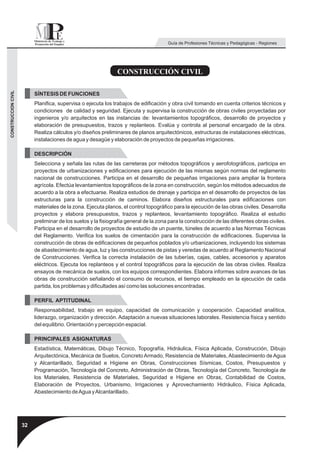 Guía de Profesiones Técnicas y Pedagógicas - Regiones




                                                               CONSTRUCCIÓN CIVIL
CONSTRUCCION CIVIL




                          SÍNTESIS DE FUNCIONES
                          Planifica, supervisa o ejecuta los trabajos de edificación y obra civil tomando en cuenta criterios técnicos y
                          condiciones de calidad y seguridad. Ejecuta y supervisa la construcción de obras civiles proyectadas por
                          ingenieros y/o arquitectos en las instancias de: levantamientos topográficos, desarrollo de proyectos y
                          elaboración de presupuestos, trazos y replanteos. Evalúa y controla al personal encargado de la obra.
                          Realiza cálculos y/o diseños preliminares de planos arquitectónicos, estructuras de instalaciones eléctricas,
                          instalaciones de agua y desagüe y elaboración de proyectos de pequeñas irrigaciones.

                          DESCRIPCIÓN
                          Selecciona y señala las rutas de las carreteras por métodos topográficos y aerofotográficos, participa en
                          proyectos de urbanizaciones y edificaciones para ejecución de las mismas según normas del reglamento
                          nacional de construcciones. Participa en el desarrollo de pequeñas irrigaciones para ampliar la frontera
                          agrícola. Efectúa levantamientos topográficos de la zona en construcción, según los métodos adecuados de
                          acuerdo a la obra a efectuarse. Realiza estudios de drenaje y participa en el desarrollo de proyectos de las
                          estructuras para la construcción de caminos. Elabora diseños estructurales para edificaciones con
                          materiales de la zona. Ejecuta planos, el control topográfico para la ejecución de las obras civiles. Desarrolla
                          proyectos y elabora presupuestos, trazos y replanteos, levantamiento topográfico. Realiza el estudio
                          preliminar de los suelos y la fisiografía general de la zona para la construcción de las diferentes obras civiles.
                          Participa en el desarrollo de proyectos de estudio de un puente, túneles de acuerdo a las Normas Técnicas
                          del Reglamento. Verifica los suelos de cimentación para la construcción de edificaciones. Supervisa la
                          construcción de obras de edificaciones de pequeños poblados y/o urbanizaciones, incluyendo los sistemas
                          de abastecimiento de agua, luz y las construcciones de pistas y veredas de acuerdo al Reglamento Nacional
                          de Construcciones. Verifica la correcta instalación de las tuberías, cajas, cables, accesorios y aparatos
                          eléctricos. Ejecuta los replanteos y el control topográficos para la ejecución de las obras civiles. Realiza
                          ensayos de mecánica de suelos, con los equipos correspondientes. Elabora informes sobre avances de las
                          obras de construcción señalando el consumo de recursos, el tiempo empleado en la ejecución de cada
                          partida, los problemas y dificultades así como las soluciones encontradas.

                          PERFIL APTITUDINAL
                          Responsabilidad, trabajo en equipo, capacidad de comunicación y cooperación. Capacidad analítica,
                          liderazgo, organización y dirección. Adaptación a nuevas situaciones laborales. Resistencia física y sentido
                          del equilibrio. Orientación y percepción espacial.

                          PRINCIPALES ASIGNATURAS
                          Estadística, Matemáticas, Dibujo Técnico, Topografía, Hidráulica, Física Aplicada, Construcción, Dibujo
                          Arquitectónica, Mecánica de Suelos, Concreto Armado, Resistencia de Materiales, Abastecimiento de Agua
                          y Alcantarillado, Seguridad e Higiene en Obras, Construcciones Sísmicas, Costos, Presupuestos y
                          Programación, Tecnología del Concreto, Administración de Obras, Tecnología del Concreto, Tecnología de
                          los Materiales, Resistencia de Materiales, Seguridad e Higiene en Obras, Contabilidad de Costos,
                          Elaboración de Proyectos, Urbanismo, Irrigaciones y Aprovechamiento Hidráulico, Física Aplicada,
                          Abastecimiento de Agua y Alcantarillado.




                     32
 