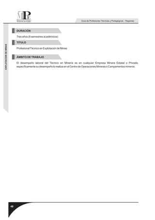 Guía de Profesiones Técnicas y Pedagógicas - Regiones



                            DURACIÓN

                            Tres años (6 semestres académicos)

                            TITULO
EXPLOTACION DE MINAS




                            Profesional Técnico en Explotación de Minas


                            ÁMBITO DE TRABAJO

                            El desempeño laboral del Técnico en Minería es en cualquier Empresa Minera Estatal o Privada,
                            específicamente su desempeño lo realiza en el Centro de Operaciones Mineras o Campamentos mineros.




                       48
 